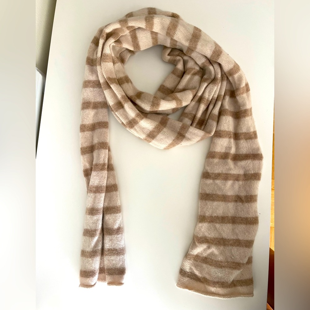Joie cream, striped with tan, long scarf.